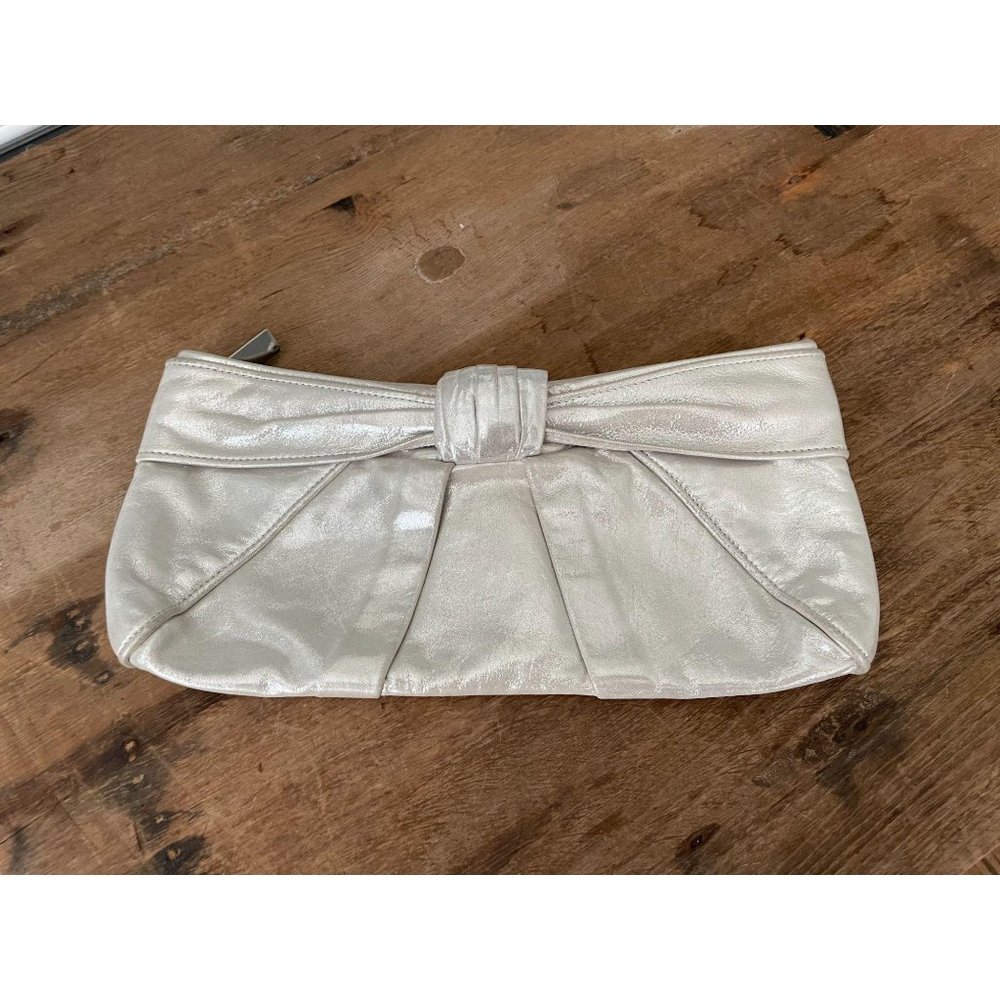 KOOBA Metallic Leather Bow Zip Pouch Clutch